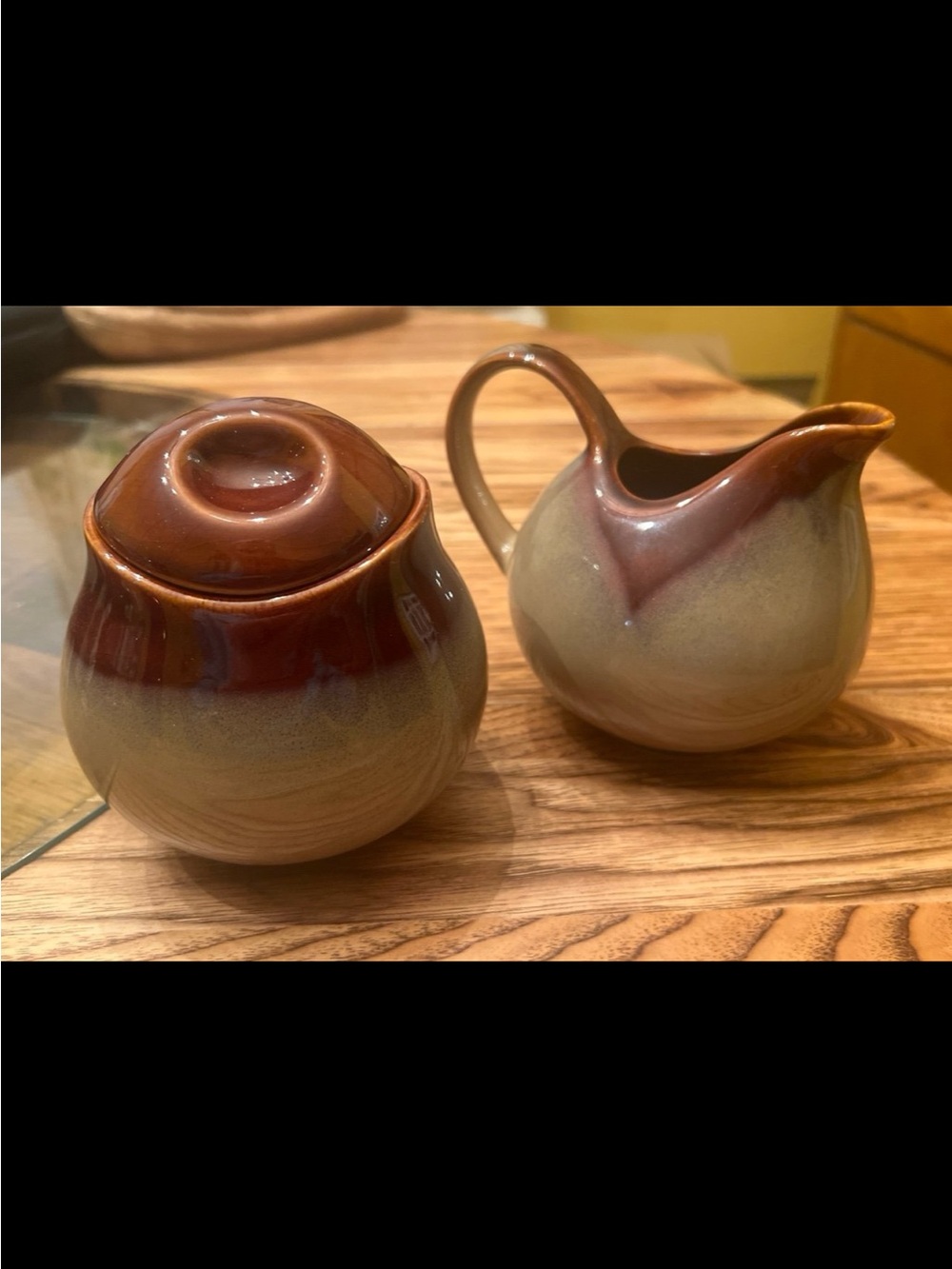 SANGO NOVA BROWN STONEWARE 4933 COFFEE CREAMER AND SUGAR BOWL WITH LID 3PC SET